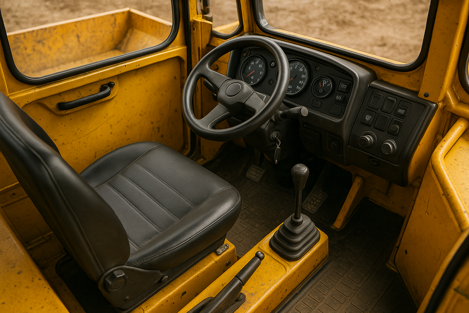 Generami una foto dettaglio degli interni di un mini dumper di colore giallo
